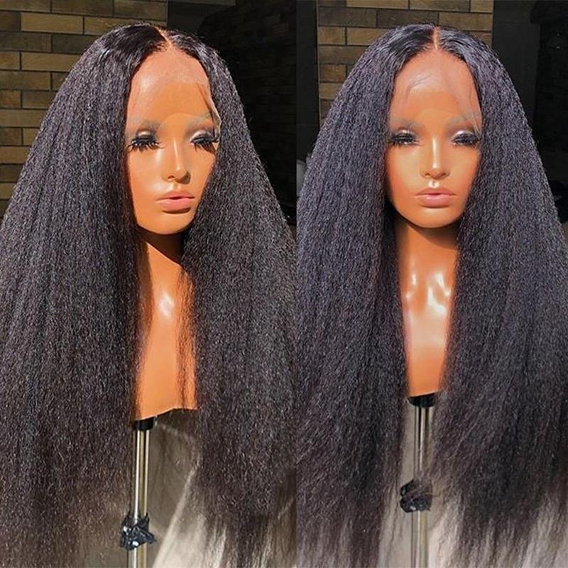 Pure Human Hair Front Wig Yaki Kinky Straight Pre Plucked