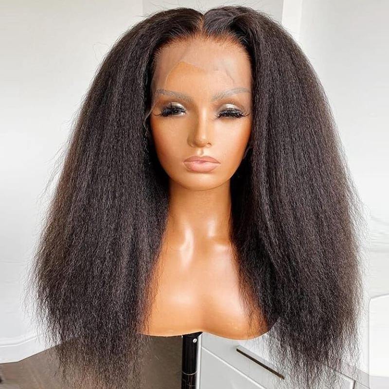 Pure Human Hair Front Wig Yaki Kinky Straight Pre Plucked